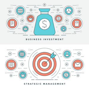 扁线战略管理和投资。矢量图。现代薄线性冲程矢量图标