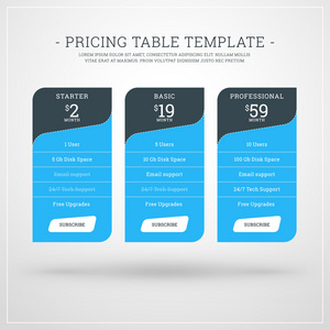 网站及应用程式定价表的矢量设计模板