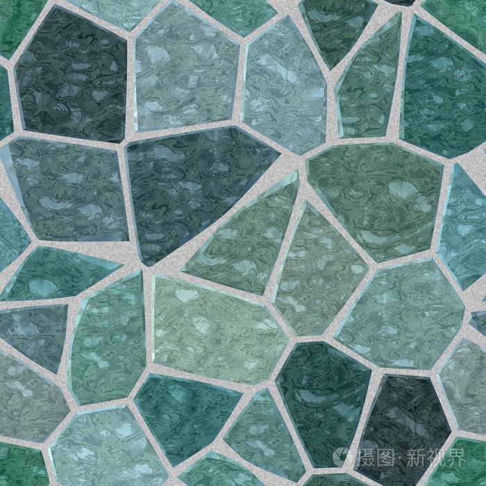 灰色的蓝色的绿色的大理石的不规则的塑料的石质的马赛克无缝图案纹理背景与灰色灌浆