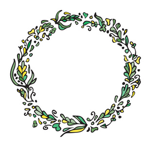 叶子涂鸦花环。 老式圆形绿色框架隔离在白色上。