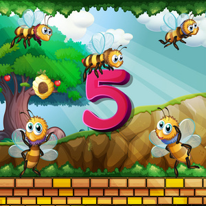 与 5 蜜蜂飞来飞去在花园里五号