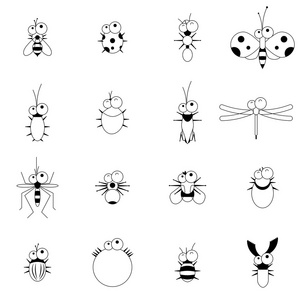 矢量扁线搞笑卡通 bug 昆虫组