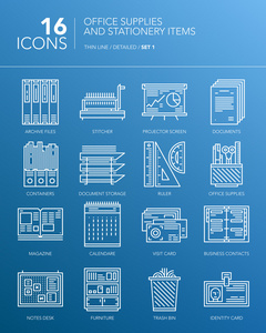 详细的白色细线图标。办公用品及文具用品。设置 1