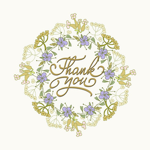 用一只手卡模板绘制花境和亲手写的谢谢你的文本.矢量图照片