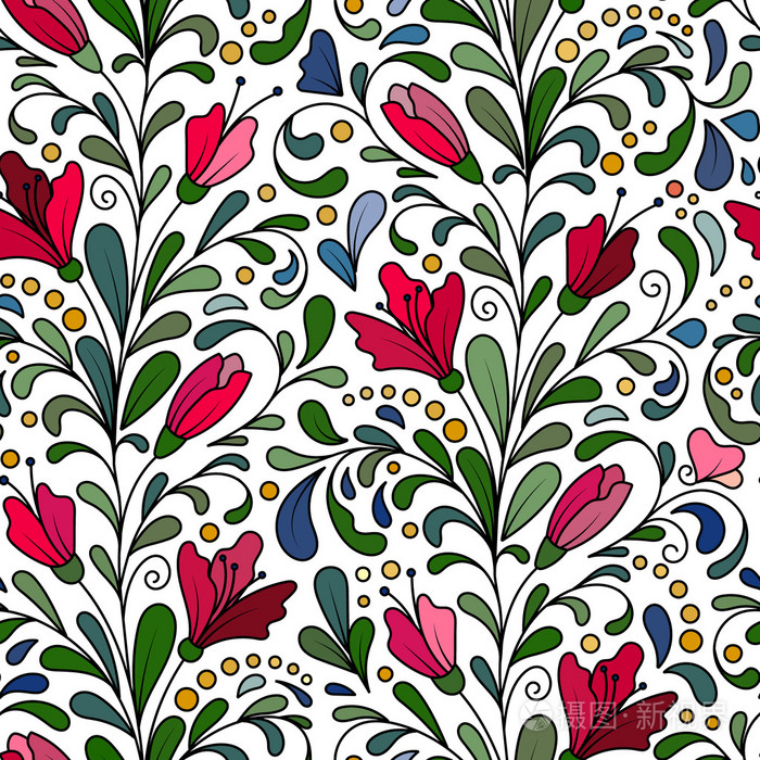 多彩的手绘制的矢量无缝花图案与花朵和叶子.涂鸦