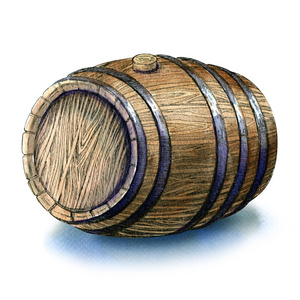 木制橡木桶隔离在白色背景上的水彩插图