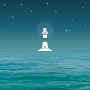 白色象征的灯塔。夜海背景。一个地方的文本