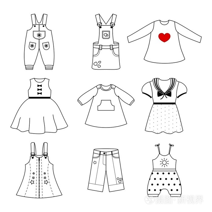 一套可爱的衣服的小女孩孩子的衣服上是直线型的的集合矢量图标