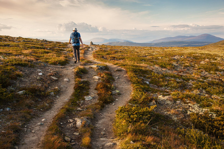 徒步旅行者背包旅行在挪威山多夫勒