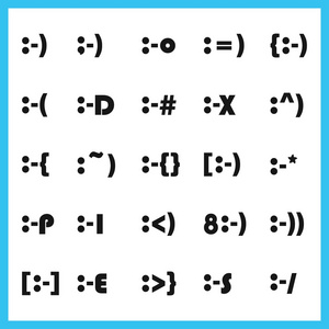 最受欢迎的面部表情字符字体, 表情符号和厚厚的图标在白色背景上设置