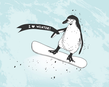 企鹅滑雪与横幅我爱冬天