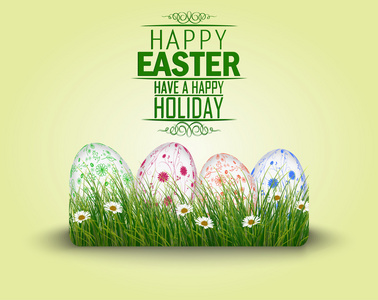 快乐的复活节彩蛋在草地上孤立的绿色背景