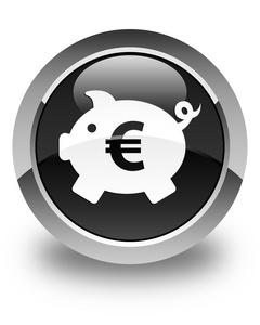 储钱罐 欧元符号 图标闪亮的黑色圆形按钮