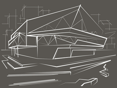 建筑的线性素描在城市背景下的现代建筑。灰色