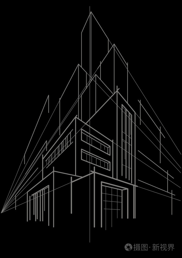 抽象的线性素描多层大厦在黑色背景上