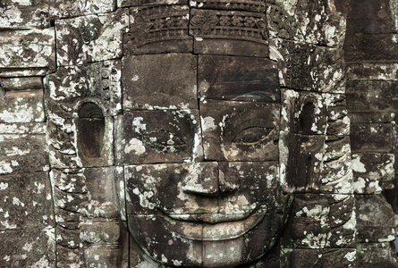 古代在吴哥巴戎寺的石头脸。柬埔寨，暹粒