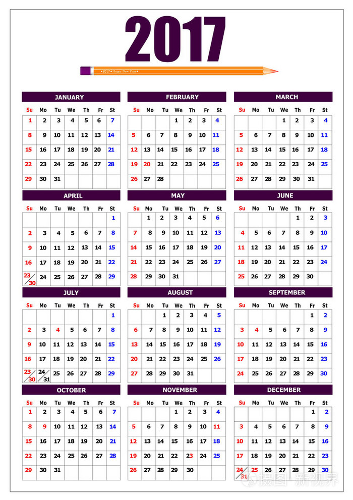 2017 日历铅笔图像与美国的节日.矢量 il