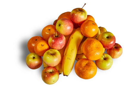 成熟的苹果, 橘子和香蕉与阴影的白色背景上的山照片