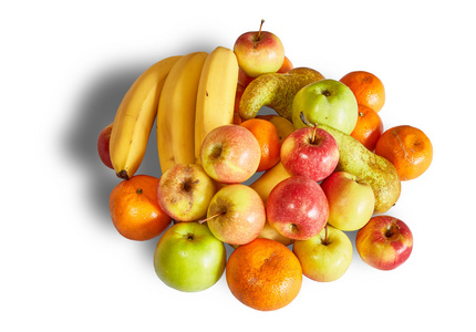 成熟的橘子, 苹果和香蕉与阴影的白色背景上的山照片