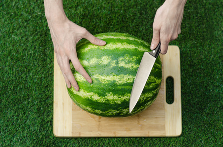 在草地上西瓜夏天和新鲜的西瓜话题: 人的手用刀开始在切菜板上的草地