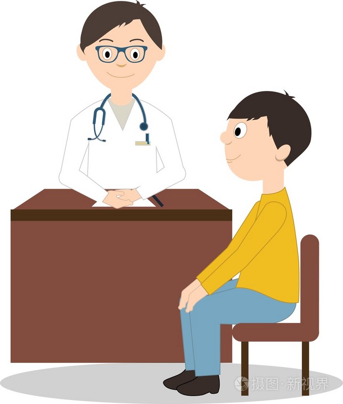 医生和男病人坐在桌前白色背景上孤立