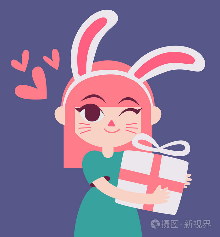 可爱的兔子女孩抱着一件礼物