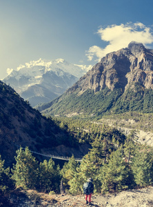 女徒步旅行，欣赏山全景