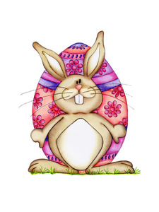 复活节兔子与孤立在白色背景的彩色蛋