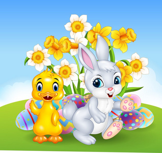 卡通快乐小鸭 小兔子与色彩缤纷的复活节彩蛋