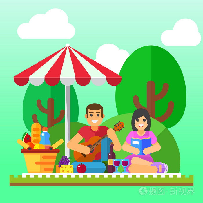 夏天野餐背景。年轻家庭 幸福的夫妇度假 健康日期