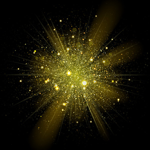 矢量黄金明星闪耀在爆炸。晶莹闪亮粒子在满天星斗的空间