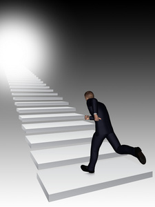 概念概念 3d 业务人跑步或爬楼梯上黑色的背景，光