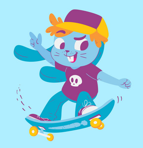 可爱的兔子在滑板上的把戏照片