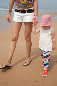 宝贝举行手妈妈在海滩散步