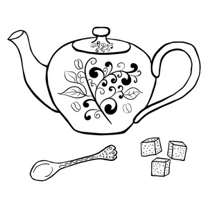 陶茶壶糖和勺子手绘