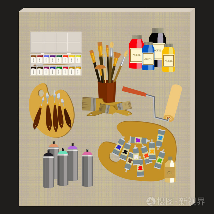 插画 美术用品和工具矢量包.绘画工具图标集.绘画材料.eps