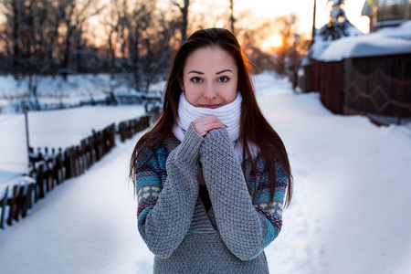 年轻漂亮的女人 女孩 玩雪在暖和的衣服微笑在公园里