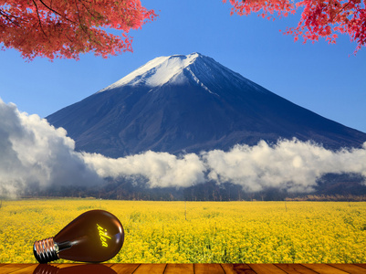 形象的美丽日本富士山岳与想法灯