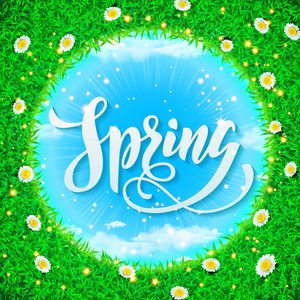 春天矢量海报插画与鲜花和绿草 云