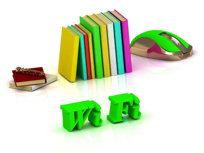 Wi Fi 明亮的绿色卷信和教科书