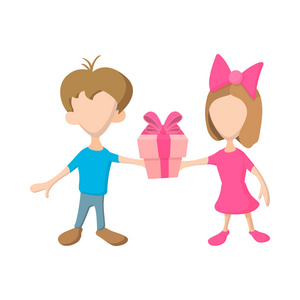 一个女孩和一个男孩抱着一个礼品盒用丝带