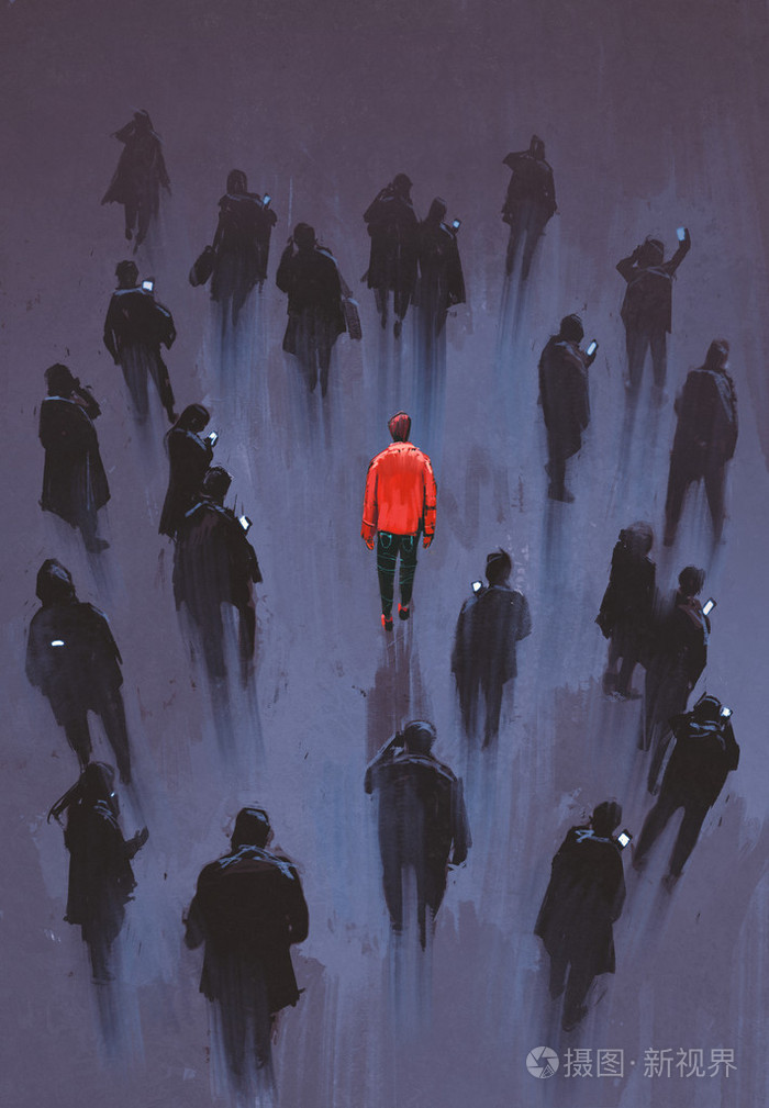 一个红种人与其他人的电话, 独特的人在人群中站