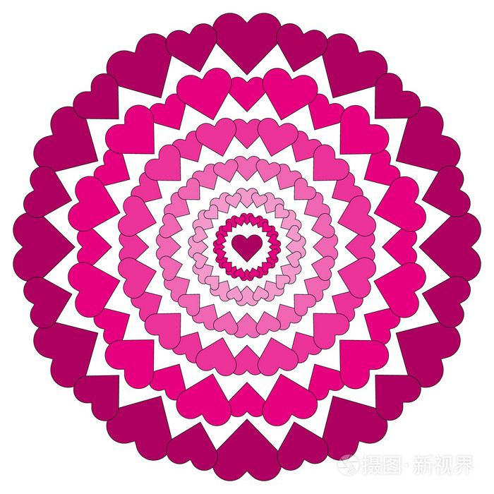 矢量成人着色书页圆形图案用粉红色的心色爱曼荼罗