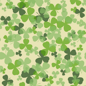 矢量 St Patrick 天无缝模式。绿色三叶草叶上白色或米色的背景。爱尔兰设计卡 邀请或问候 纺织 网站 宣传册和小