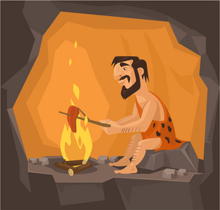 山洞插画穴居人烹饪在山洞里.矢量平面插画照片