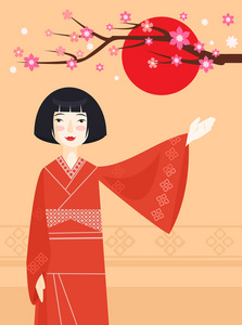 穿着和服的日本女孩。矢量平面插画