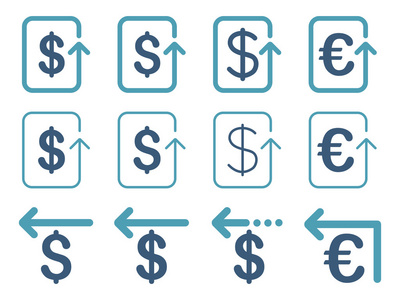 美元和欧元退还平面矢量图标集