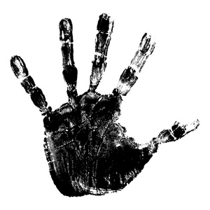 概念或概念可爱黑漆人类手或儿童孤立在白色背景上的手印