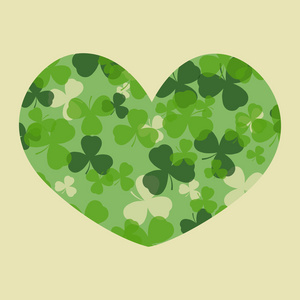 矢量 St Patrick 一天卡。绿色三叶草叶三叶草的心形状和白色或米色背景上。爱尔兰的弹簧设计的卡，邀请或问候 纺织 网