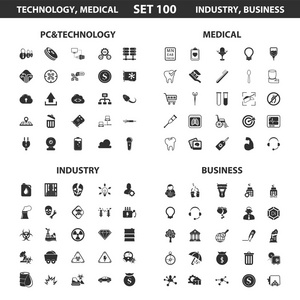 个人电脑技术设置100个黑色简单图标。 医疗行业